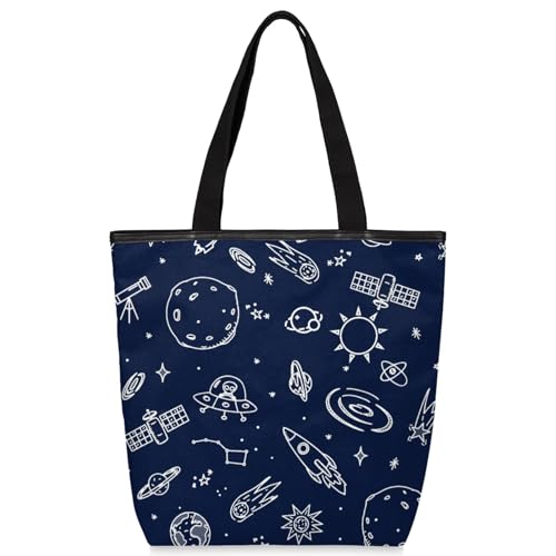 KOBLEN Space Universe Canvas Tote Bag Reusable Grocery Shopping Bags for Women Beach Travel Storage Handbag with Zipper Portable Shoulder Bag