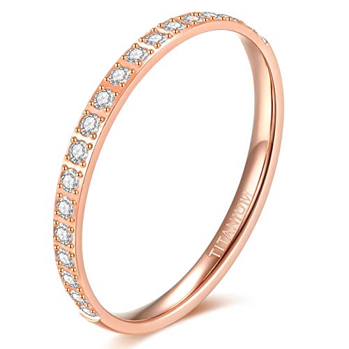 TIGRADE 2mm Women Titanium Eternity Ring Half Cubic Zirconia Anniversary Wedding Engagement Band (Rose Gold, 6.5)