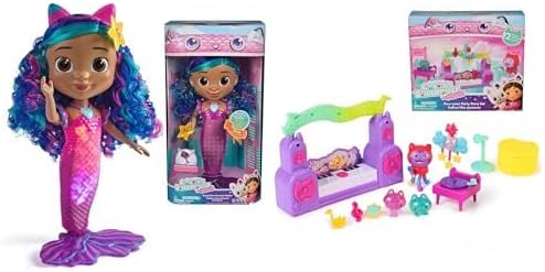 Gabbys Dollhouse The Movie Bundle - Sing & Shine Mermaid Gabby 14" Doll with Lights & Sounds + Paw-Some Party Story Set with DJ Catnip & 2 Eraser Cats