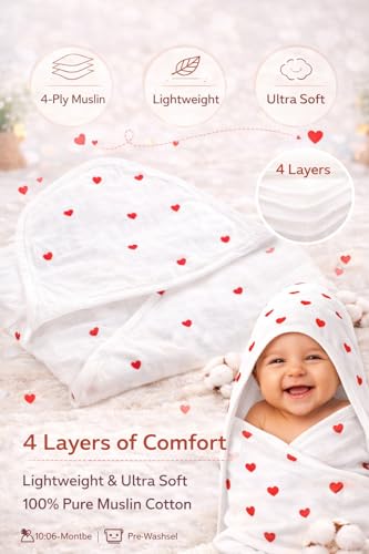 Image of Baby Hooded Wrapper for Newborn, 100% Muslin Cotton Hooded Towel & Blanket, 75x75 cm, 4 Ply, Ultra Soft & Absorbent Bath Towel for Infants & Toddler, Natural Dyes, Pack of 1