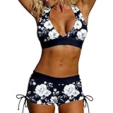 Guhmomh Bikini Damen Set Zweiteiler Badeanzug Bauchweg Neckholder Bademode Bikinis mit Cups Push Up Swimsuit mit Shorts High Waist Bikini Sets Sexy Badeanzüge Druck Strand Strandmode Marine M