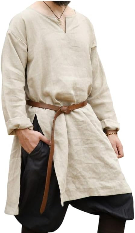 Men’s Medieval Viking Tunic Shirt with Belt, Long Sleeve Cotton Linen Costume Top for LARP, Cosplay & Renaissance Wear.