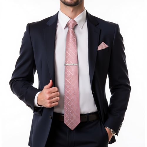 Image of DiBanGu Mens Silk Plaid Tie and Pocket Square Set | Elegant Silk Formal Tie Set, Woven Check Necktie and Cufflinks Tie Clip Set, Perfect for Wedding Party, Comes in Gift Box
