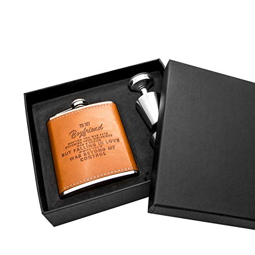 Personalized Flask Set- Engraved Custom Hip Flasks For Boyfriend- Stainless Steel With Leather Flask Gifts For Men, Birthday Valentine's Christmas Gift (Brown-For Boyfriend) #TOP5