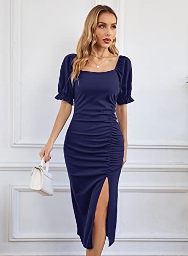 Souqfone Midi Dresses For Women Puff Sleeve Square Neck Wedding Guest Dress Ruched Elegant Cocktail Dress Long Stretchy Bodycon Dress-L,Navy Blue #TOP6