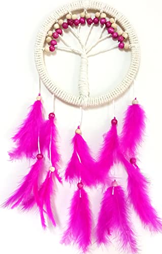 Fuşya Kuş Tüylü Hayat Ağacı Dream Catcher Duvar Süsü