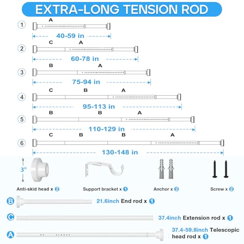 Image of Tension Curtain Rod White Tension Rod 40 to 148 Inch Spring Curtain Rods Non Slip Tension Rods 1pcs For Windows No Drilling Adjustable Tension Rods of Curtains Window Closet Kitchen Wardrobe