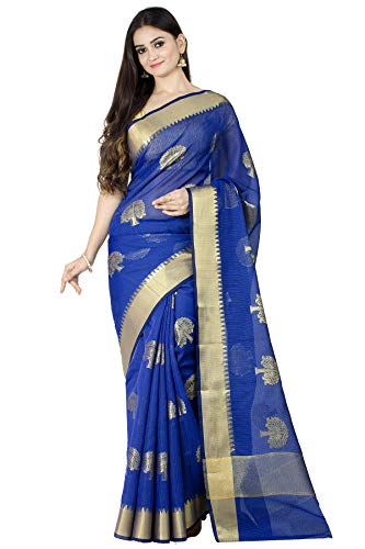 Chandrakala Women's Cotton Blend Indian Ethinc Banarasi Saree with Unstitched Blousepiece(1102) (Blue-4)