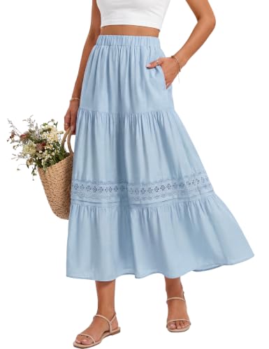 Womens Long Skirt Boho Summer Maxi Skirts Flowy Beach Dress(Light Blue S)