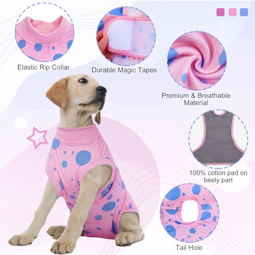 Image of Kuoser Dog Surgery Suit, Soft Dog Spay Recovery Suit Female, Anti Licking Neuter Recovery Suit for Male Dogs, Post-Op Pet Surgical Suit Protective Wear E-Collar & Cone Alternative,Pink Polka Dots L