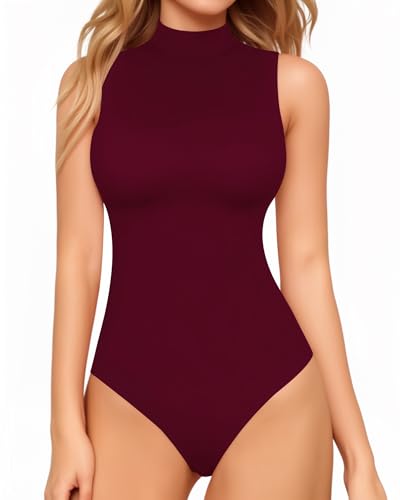Image of MANGOPOP Women's Mock Turtle Neck Sleeveless Tank Tops /Long Sleeve Bodysuit Jumpsuit (A1 Burgundy (Modal), X-Large)