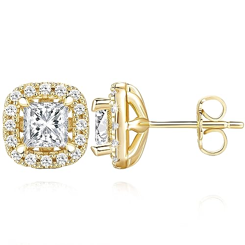 14K Gold Earrings, Gold Stud Earrings for Women Hypoallergenic Cushion-shaped Small Cubic Zirconia Stud Earring for Women 10mm