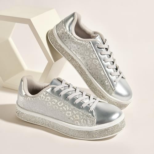 Image of UUBARIS Women's Glitter Tennis Sneakers Neon Dressy Sparkly Sneakers Rhinestone Bling Wedding Bridal Shoes Shiny Sequin Shoes
