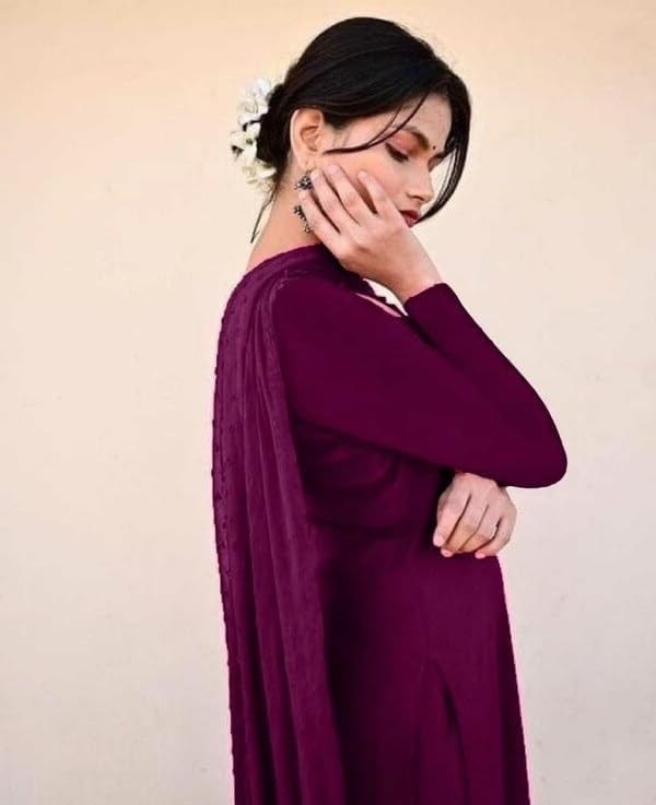 Image of Anveri Textiles Women's Cotton Blend Kurti with Square Neck Long Sleeves Solid Pattern A Line Style Ankle Length and Dupatta Set