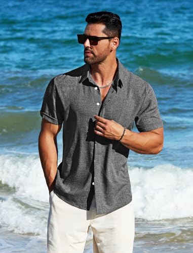 Image of MAPICK Mens Linen Shirts Short Sleeve Button Down Shirt Casual Untucked Fit