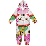 RPLIFE Cute Maneki Neko Pink Girls Onesie 10-12Y, Kids Hooded Onesie, Jumpsuits for Kid Zipper Onesie for Fall Winter