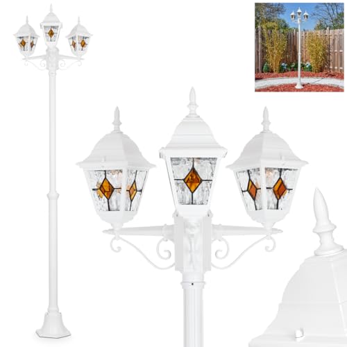 HOFSTEIN Kandelaber Naofe, Außenwegeleuchte aus Metall/Glas in Weiß/Klar/Orange, Wegebeleuchtung 220 cm, 3 x E27, IP44, Wegeleuchte im Vintage-Design für Garten, Außenbereich, Hof