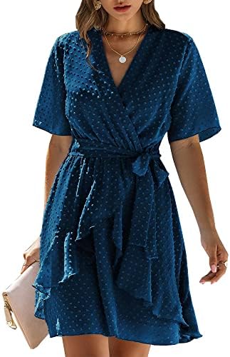BTFBM Women 2023 Fashion Faux Wrap V-Neck Dresses Short Sleeve High Waist Belt Swing Ruffle Hem Aline Summer Short Dress(Dark Blue, Large)