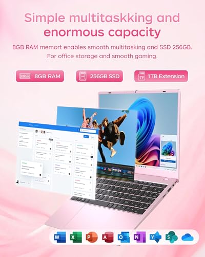 Image of 2026 Pink Laptop, Pentium Gold 6500Y Processor(Up to 3.4 GHz),8GB RAM 256GB SSD,15.6 Inch FHD IPS Display, 5000mAh Battery,Type-C (Inches, 15.6, GB, 8, GB, 256)