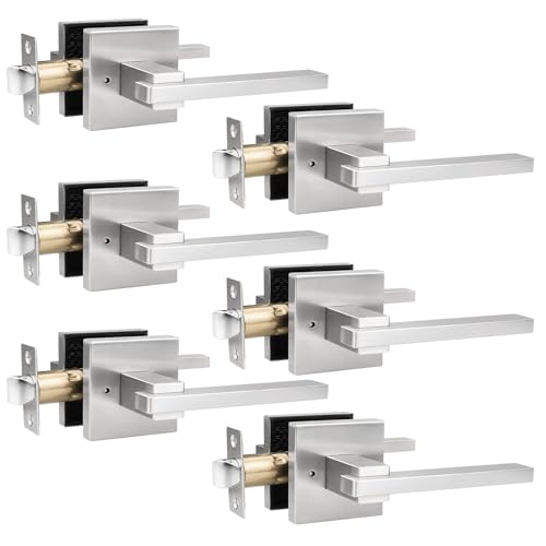Image of Orger 6 Pack Satin Nickel Door Handle Privacy Door Lever with Square Rose, Interior Door Lock for Bed Bath Modern Keyless Door Lever Reversible for Left & Right, Stainless Steel Door Handle