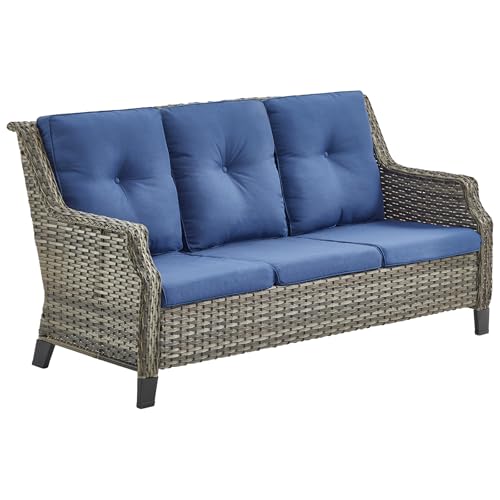 Bellefurn Patio Sofa Couch Outdoor Wicker Sofa PE Rattan 3-Seat Couch with Curved Armest Water Resistant Cushions for Garden Balcony Sunroom Poolside, Grey Wicker|Blue Cushions, Sofa(1PC)