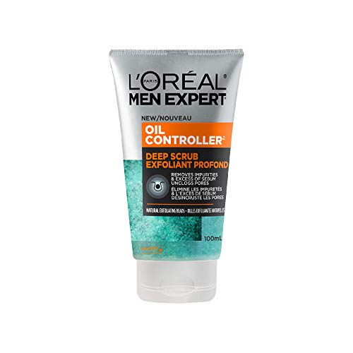 L'Oréal Paris Men Expert Nettoyant visage pour hommes et gommage pour le visage pour hommes avec peau grasse et points noirs, contrôle de l'huile, réduit l'excès de sébum, 100 ml