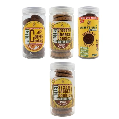 Image of GRANNY'S GRAIN Millet Coffee, Cheese, Chocolate & Sesame Jaggery Cookies Combo | Maida Free | Palm Oil Free | No Eggs | No Atta | Grain Based Baked Snack Assortment | Pack of 4 Jars | 100 gm Each |