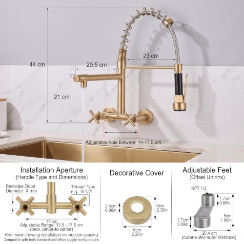 Image of InArt Elite Luxury with Wall-Mounted Kitchen Sink Tap - 360 Pull-Down Sprayer, Multi-Function Spray Head, Single Lever, Gold Finish, and Hot & Cold Functionality Faucet Sink - 5 Year Warranty