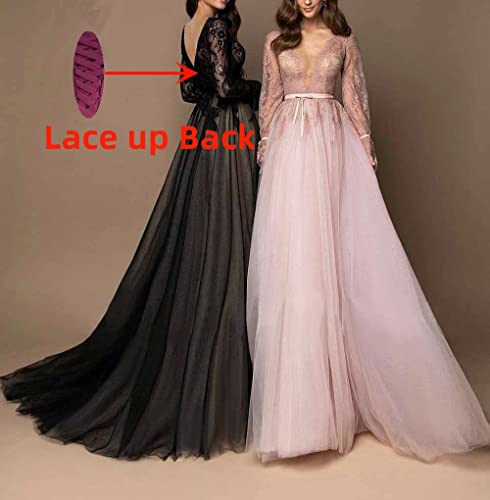 WORDSKEI Long Sleeve Prom Dress V-Neck Laces Tulle Wedding Dresses A Line Formal Evening Gowns2
