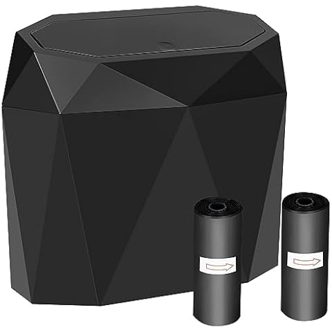 Wontolf Mini Car Trash Can Bin with Lid, Small Car Garbage Can with 60pcs Trash Bags, ABS Diamond Design Dustbin Car Organizer Container Car Accessories for Car/Office/Home Black Cover