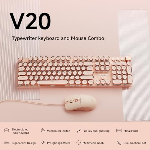 Image of EWEADN Wired Typewriter keyboard and Mouse Combo, Typewriter Style Mechanical Gaming Keyboard,104 Keys Backlit LED Keyboards, Media Control Knob, Wired Keyboard Pink Switch for Windows /Mac /PC-Pink