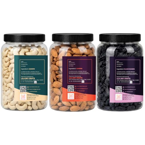 Image of LILA DRY FRUITS Dry Fruits Combo Pack of Almonds, Cashews & Black Raisins 100 Gms x 3 Mixed Dry Fruits for Healthy Snacking, Daily Nutrition Perfect for Gifting