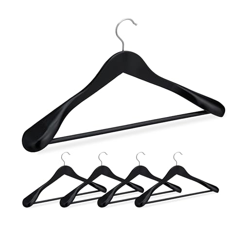 Relaxdays Pack 5 Perchas Traje Anchas, Colgadores Chaquetas, Pantalones, Madera-Metal, 24x44,5x5,5 cm, Negro