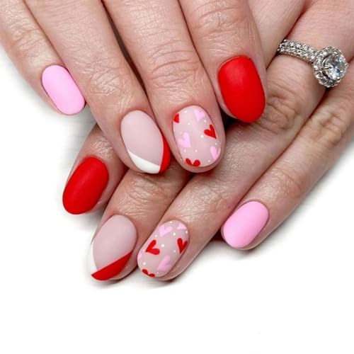 24 uñas cortas a presión con patrón de corazón, uñas postizas mate, fáciles de usar para mujeres y niñas elegantes