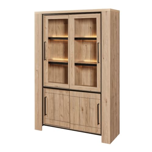 AltoBuy Argentier 4 Portes coulissantes Dont 2 vitrées avec éclairage LEDs Aspect Bois Finition Castel Oak - SORIEL