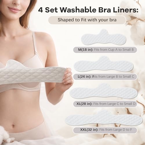 Image of Boyiee 4 Pcs Bra Liners for Sweat, 50% Cotton and 50% Polyester Fiber, Reusable Washable Under Breast Sweat Absorber Pads
