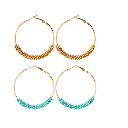 2 Pairs Bohemian Colorful Beads Circle Round Hoop Earrings Gold Hoop Dangle Earrings for Women Vintage Boho Jewelry-yellow blue