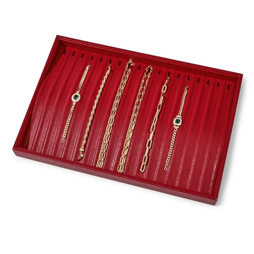 Luxury Leather Jewelry Tray Necklace Display Tray Jewelry Organizer Drawer Necklace Bracelet Holder Organizer Tray Stackable Jewelry Trays Necklace Bracelet Display Storage (Red)
