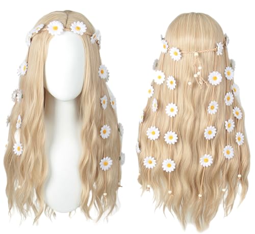 Linfairy 70er-Jahre-Perücke Lang Blond Gewellt Hippie-Perücke Mit Sonnenblumen-Stirnband Halloween Cosplay-Kostüm Perücke Für Frauen Partys Für Frauen