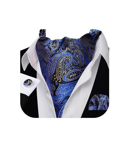 Image of Barry.Wang Ascot Ties Cravat Tie Men Paisley Plaid Scarf Self Tie Pocket Square Cufflinks Set Wedding Party