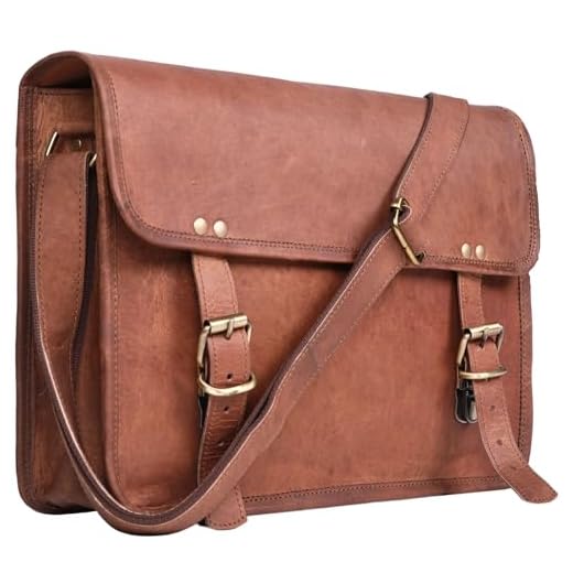 Bolsa carteiro pequena de couro genuíno marrom, perfeita para iPad e laptop pequeno, bolsa de ombro envelhecida vintage, Marrom, 14 INCH