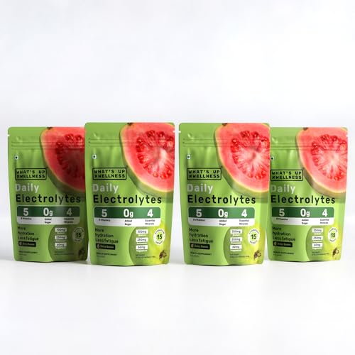 Image of What's Up Wellness Daily Electrolytes Powder - Juicy Guava Flavour | Zero Added Sugar | Instant Hydration - Sodium, Potassium, Magnesium & Zinc | Vegan - 60 Sachets | Pack of 4