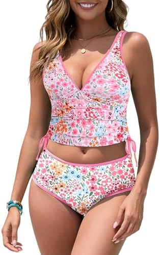 ZAFUL Womens Tankini Swimsuits Tummy Control Bathing Suits 2025 Two Piece Color Block Swim Suit with High Waisted Bottom