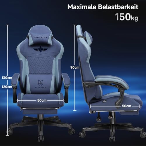 Image of GTPLAYER Gaming Chair, Ergonomic Fabric Gamer Chair with Lumbar Support, PC Chair with Widened Backrest, Maximum Load 150 kg, Dark Blue