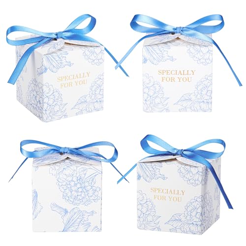 Yoption 50pcs Hydrangea Party Favor Boxes, 2.75 x 2.75 x 2.75 Inch Blue Candy Boxes with Ribbons for Wedding Bridal Baby Shower Birthday Party Decorations by Yoption - Image 3