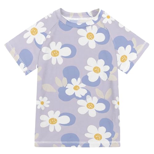 Kids Rash Guard Girls Toddler Swim Shirts Short Sleeve White Flower Lilac UPF 50+ 3T