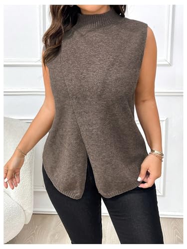 OYOANGLE Women's Plus Size Mock Neck Wrap Hem Sweater Vest Sleeveless Split Asymmetrical Hem Pullover Tops3