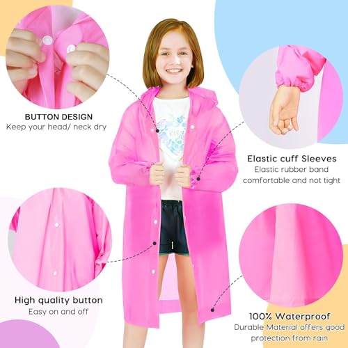 Image of BFONS Rain Ponchos for Kids, Reusable Raincoats for Boys Girls with Hood and Sleeves, Waterproof Rain Jackets for Travel Outdoor Pink 2PCS