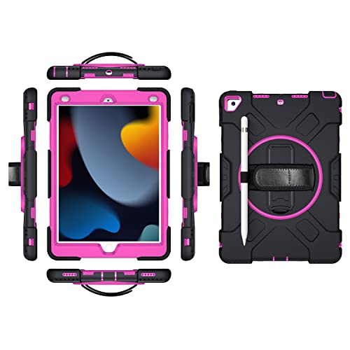 iPad 10.2 2019/2020/2021 Generation Case with Screen Protector Pencil Holder Kickstand 360 Rotating Hand Strap Hand Strap Kickstand Rugged Protective Case (Rose Red)
