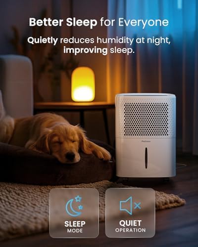 Rear view of the Pro Breeze 12L dehumidifier showing removable water tank and drainage hose connection